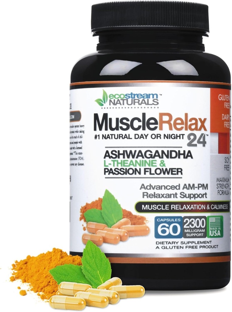 MuscleRelax 24/7 Supports Muscle Relaxation, Day or Night Use, Naturally Derived Ingredients - Safe and Effective - Gluten-Free - 60 Vegetarian Capsules