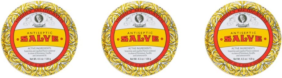 Rawleigh Antiseptic Salve Iconic Yellow Big Tin: 4.5 oz, Multi-Purpose Ointment Soothes Cuts, Bruises, Irritations, Turpentine, Phenol, Cottonseed Oil & Paraffin, Original Formula - 3 Paket