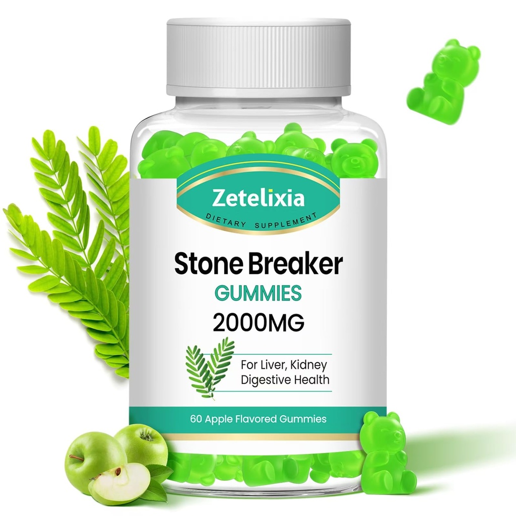 Chanca Piedra Stone Breaker Gummies, Organic Herbal Supplement for Kidney Cleanse & Gallbladder Health, Kidney Stones Dissolver, Sugar Free, Vegan, Non-GMO, Apple Flavor, 60 Count