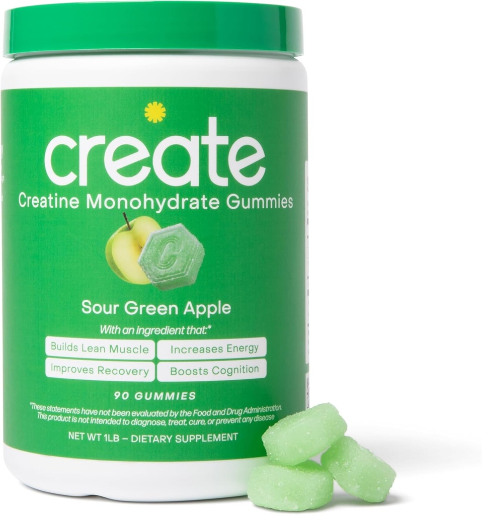 Erkekler ve Kadınlar için Kreatif Monohidrat Gummies - Boost Focus, Strength ve Endurance, Anti-Melting Formula, Vegan, Gluten-Free, Non-GMO, 1.5 Gramtine per Gummy (Sour Green Apple, 90 ct)