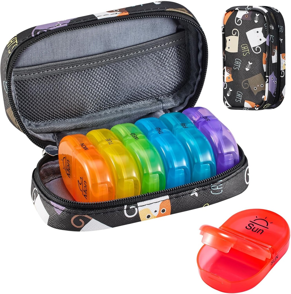 Serfeymi Weekly Travel Pill Organizer 2 Times A Day AM PM Yükseltd Rainbow Pill Box 7 Day with Portatif Ambalaj Deri Pill Case, Medicine Organizer for Pills, Vitamins, Fish Oils - Black 02