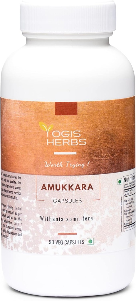 YOGIS HERBS Amukkara Capsules - Ashwagandha Root, Herbal Supplement, Stres Desteği (Withania Somnifera) 90 Veg Capsules