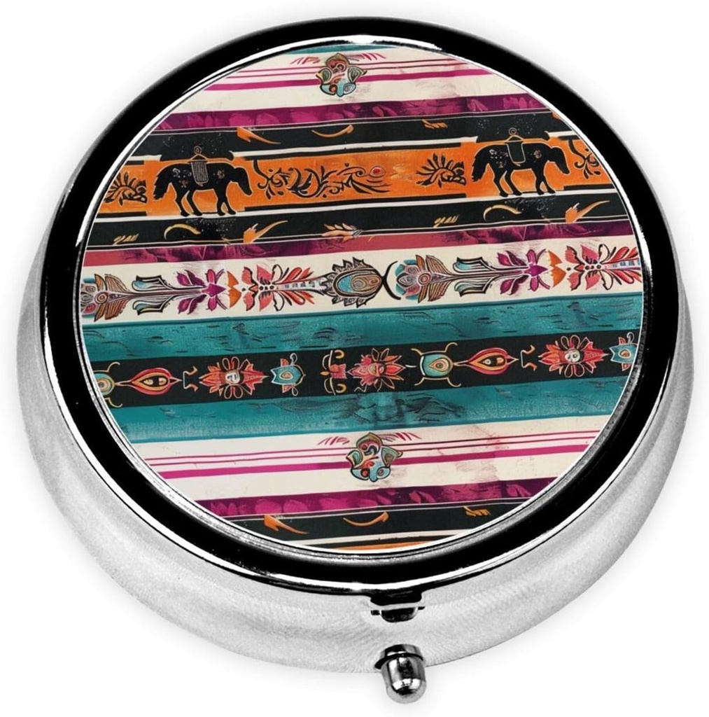Horse Print Printed Round Pill Organizer with 3 Compartments, Portable Mini Pill Box Pill Case for Medicine, Vitamin, Fish Oil, Συμπληρώματα