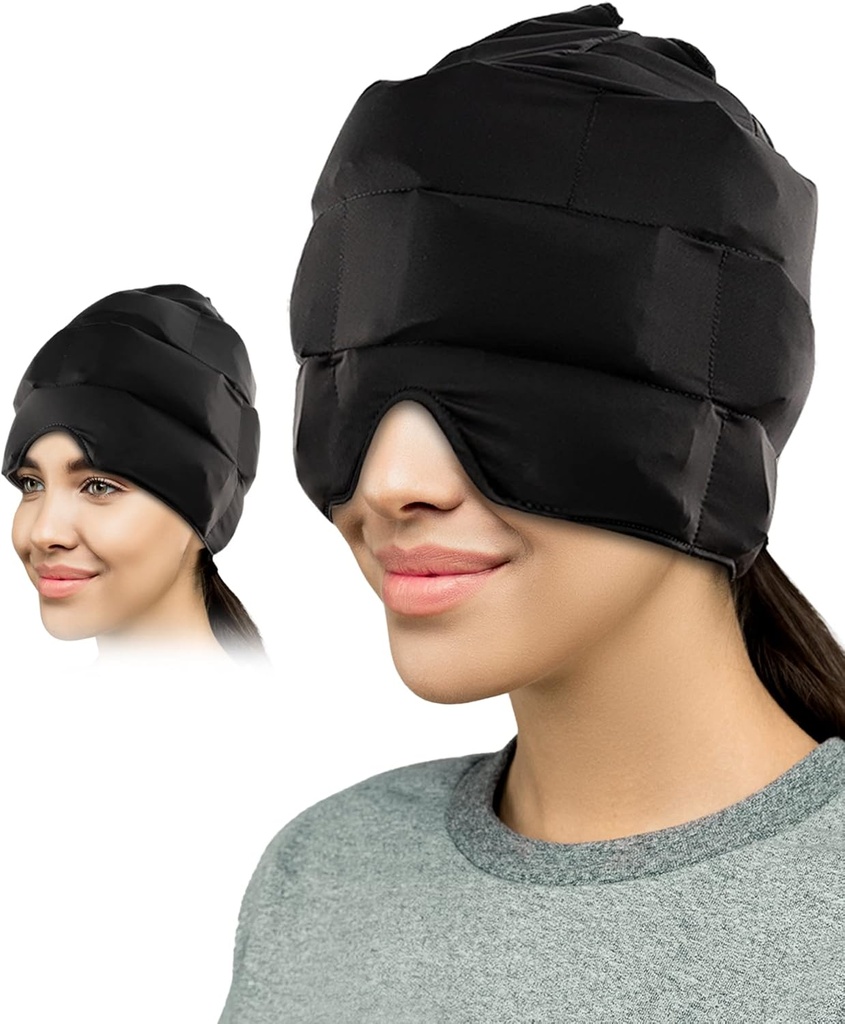 Headache and Migraine Relief Ice Cap| Patented Wearable Headache Relief Hat for Migraines, Chemo, Sinus Relief, Head Tension | Comfortable, Stretchy, Dark, Long Duration Cold Therapy