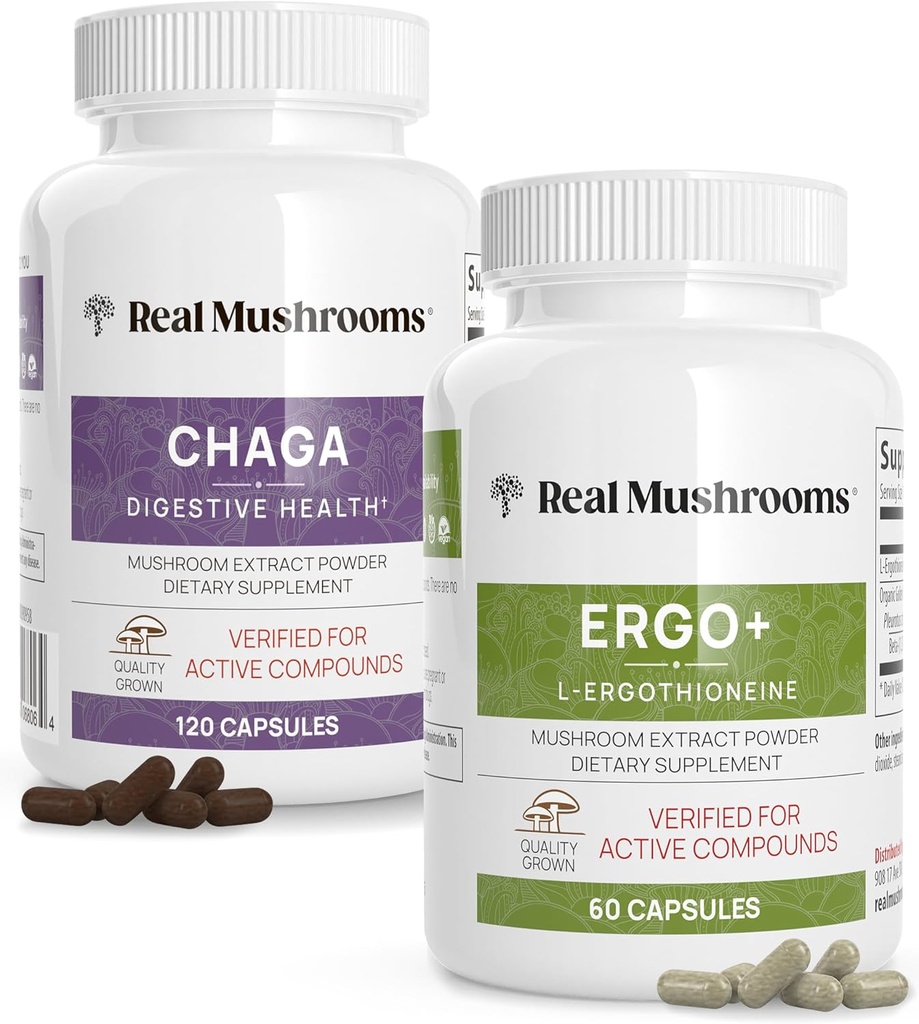 Gerçek Mushrooms Ergothioneine (60ct) ve Chaga (120ct) Sche with Shiitake and Oyster Mushroom Extract - Longevity, Digestive Health - Vegan, Gluten Free, Non-GMO - Sağlıklı Aging için Doğal Destek