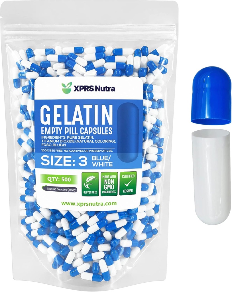 XPRS Nutra Boyutu 3 Boş Kapsüller - 500 Kont Boş Gelatin Capsules - Pills DIY Capsule - Pure Bovine Pill Gel Caps Do-It- Yourself Vitamins and Supplements (Mavi/Beyaz)