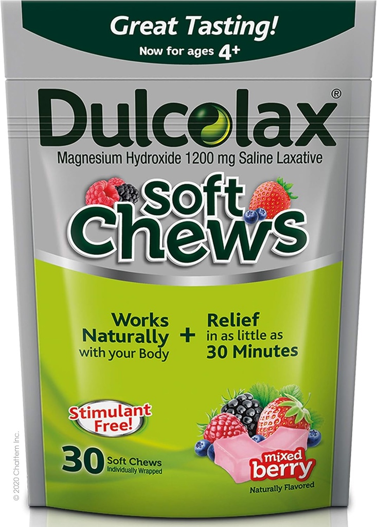 Dulcolax Soft Chews Saline Laxative Karma Berry (60ct & 30ct) 1200 mg Magnezyum Hydroxide Gentle Constipation Relief Relief Relief