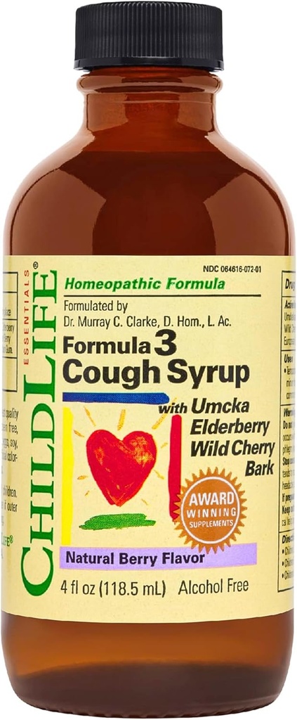 ÇOCUKLIFE Essentials Formula 3 Kids Cough Syrup - Çocuklar için Cough Tıp 2-11, Umcka, Elderberry & Wild Cherry Bark, Gluten Free - Natural Berry, 4 Fl Oz