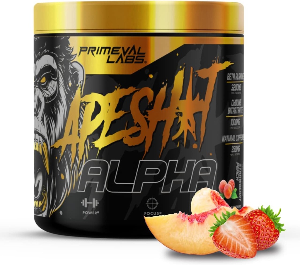 Primeval Labs Ape Alpha Natural Pre Workout for Men and Women | Art Endurance and Focus | 350 mg Caffeine | Beta-Alanine |L citrulline | Nitrik Oksit | Strawberry Peach, 40 Hizmet