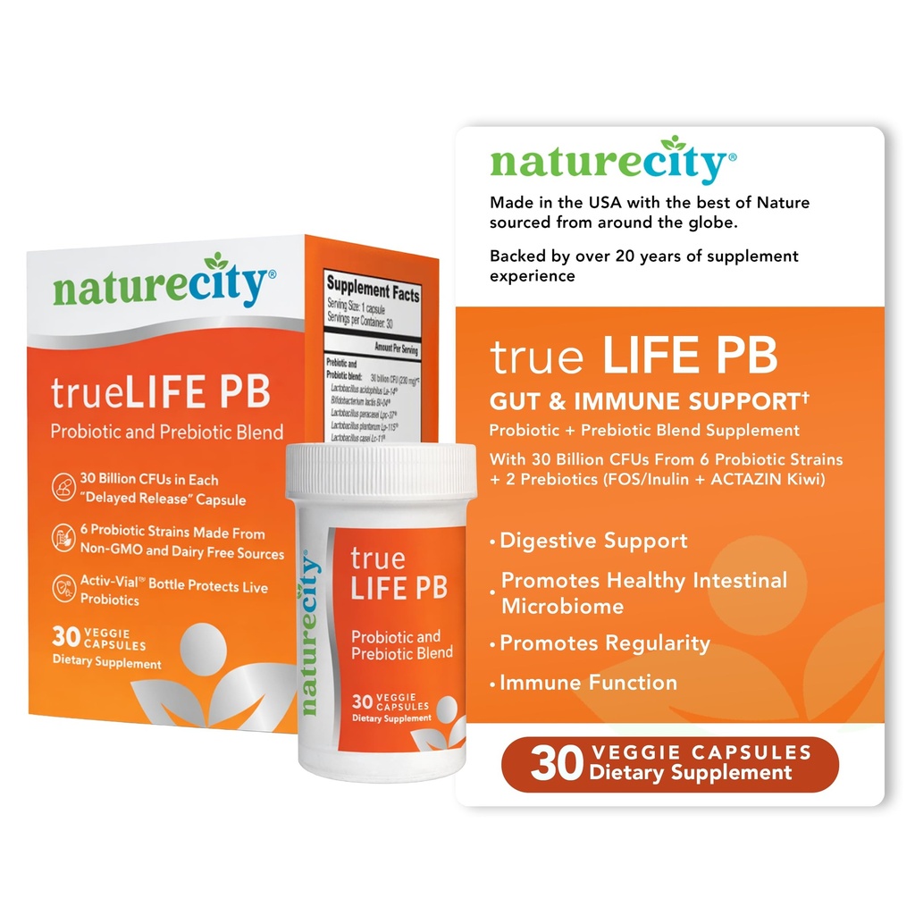 NatureCity True-Life-PB Raf Stable Blend Prebiyotiks and Probiyotiks for Women and Men - Digestive Gut Health Supplements for Women and Men - Dairy Free - (30 Veggie Capsules)