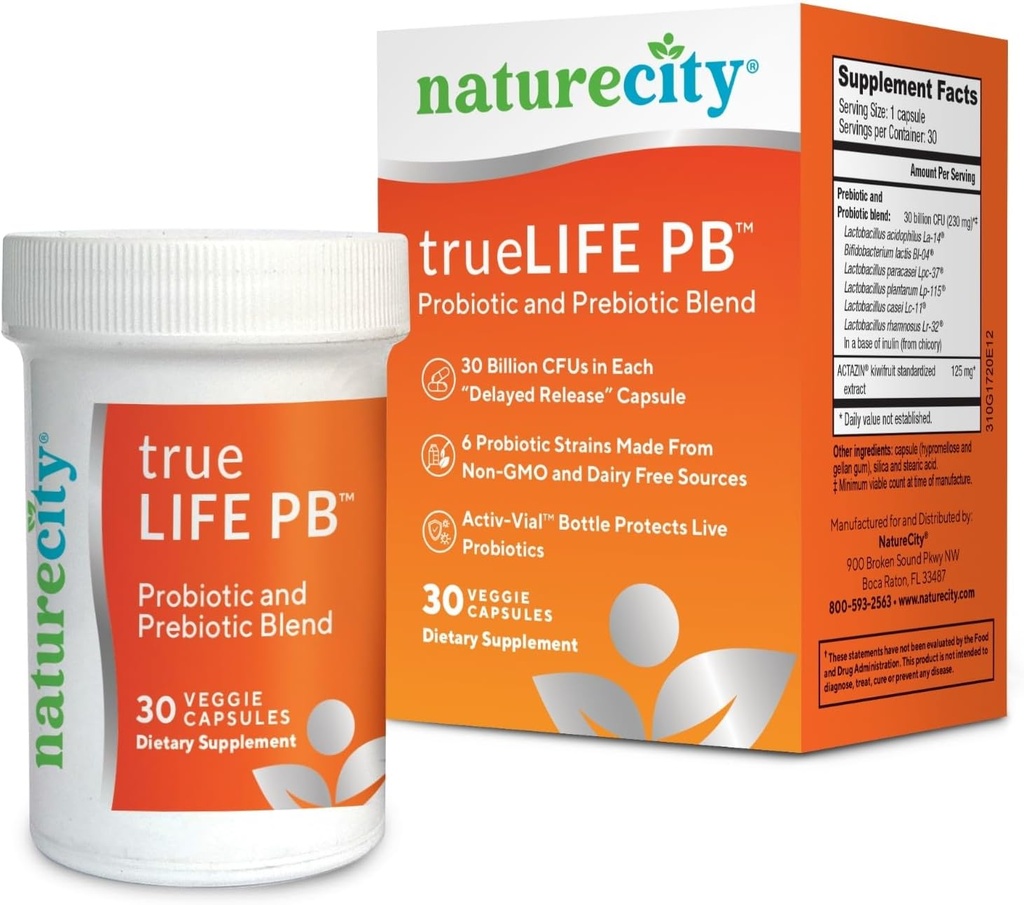 NatureCity True-Life-PB Raf Stable Blend Prebiyotiks and Probiyotiks for Women and Men - Digestive Gut Health Supplements for Women and Men - Dairy Free - (30 Veggie Capsules)