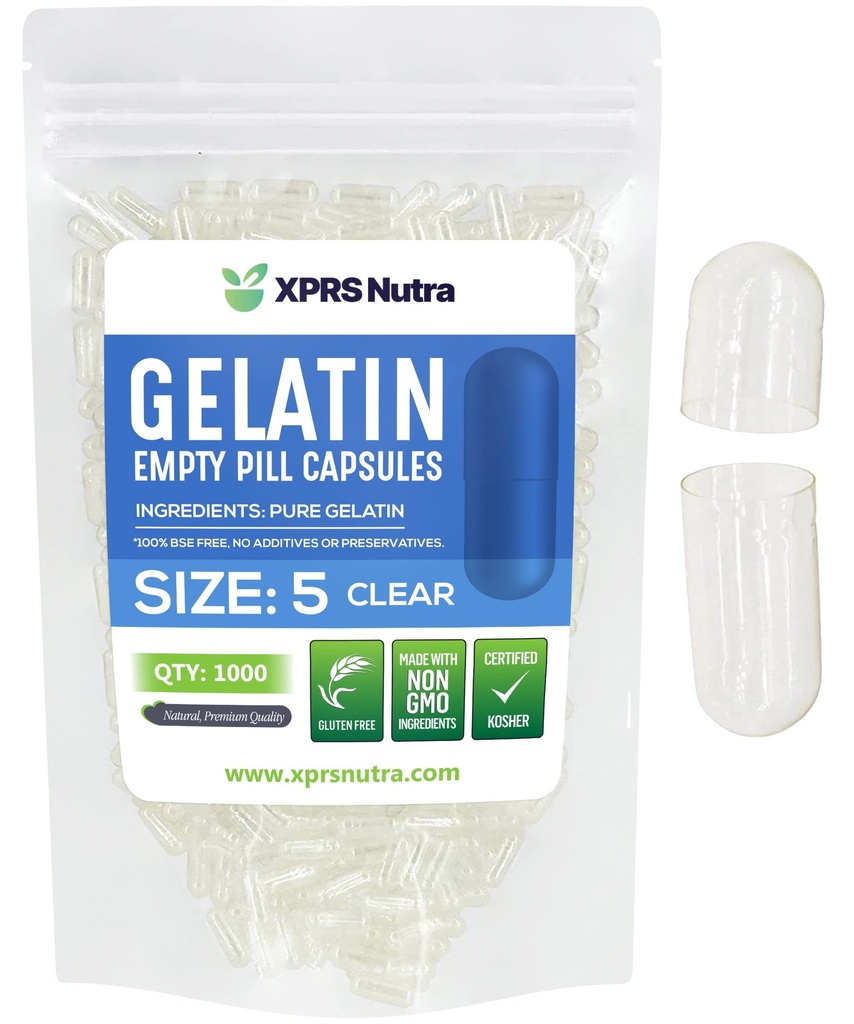 XPRS Nutra Boyutu 5 Boş Kapsüller - 1000 Kont Çok Küçük Clear Boş Gelatin Capsules - Pills DIY Capsule - Do-It-yourself Vitamin Supplements için Kullanılabilir Pill Gel Caps -