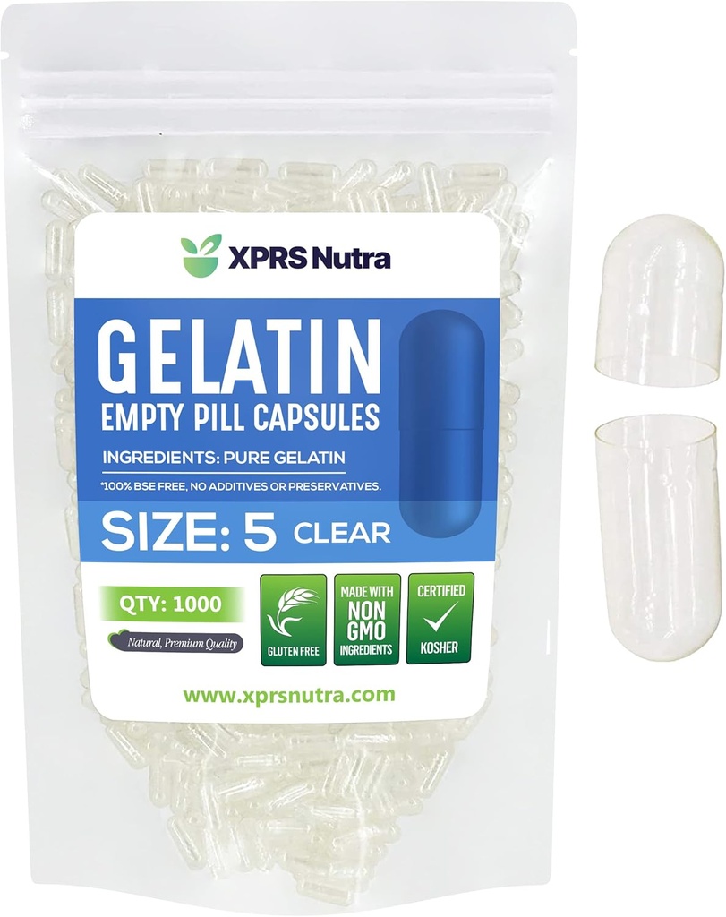 XPRS Nutra Boyutu 5 Boş Kapsüller - 1000 Kont Çok Küçük Clear Boş Gelatin Capsules - Pills DIY Capsule - Do-It-yourself Vitamin Supplements için Kullanılabilir Pill Gel Caps -
