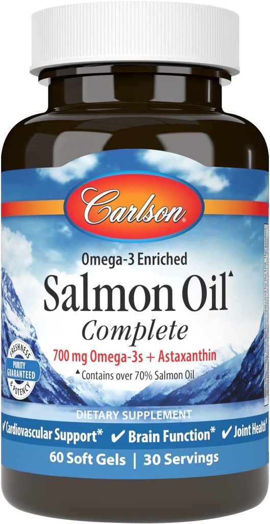 Carlson - Salmon Oil Tamam, 700 mg Omega-3s + Astaxanthin, Cardiovascular Destek, Beyin Fonksiyonu ve Ortak Sağlık, 60 Softgels