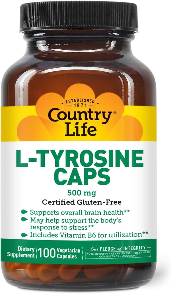 Country Life L-Tyrosine 500 mg with Vitamin B6 Supplement - Sertifikalı Gluten-Free, Vegetarian, Kosher, Boosts Focus & Energy, Supports Brain Health, Advanceds mental Clarity, Non-GMO - 100 Capsules