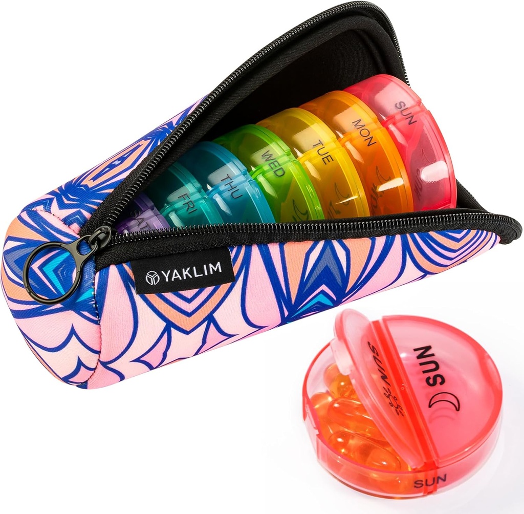 Yaklim Pill Organizer 2 Zaman Bir Gün, Mükemmel Kalite Neoprene Seyahat Pill Box, AM/PM Haftalık Pill Konteynerler 7 Gün Portatif Duş Depolama Kumaşı Vitamin Balık Yağları Tamam (Pink)