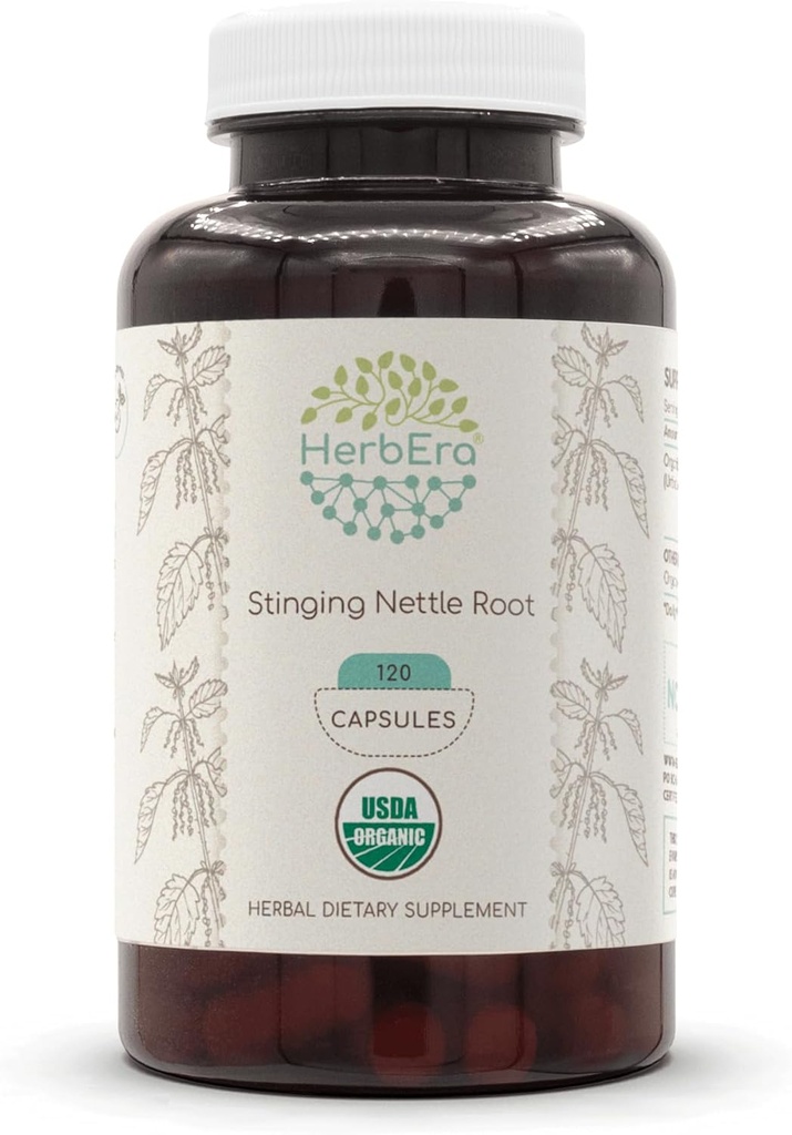 HerbEra Stinging Nettle Root USDA Organic 120 Capsules | Natural Herbal Supplement | Certified Organic Vegetarian Capsules and Organic Stinging Nettle (Urtica Dioica) Dried Root (120 Capsules)