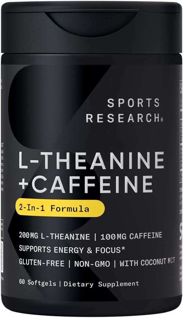 Spor Araştırmaları L-Theanine Supplement with Caffeine & Coconut MCT Oil - Focused Energy, Alertness & Relaxation Without Drowsiness - 200 mg L Theanine, 100 mg Organik Caffeine - 60 Sıvı Softgels