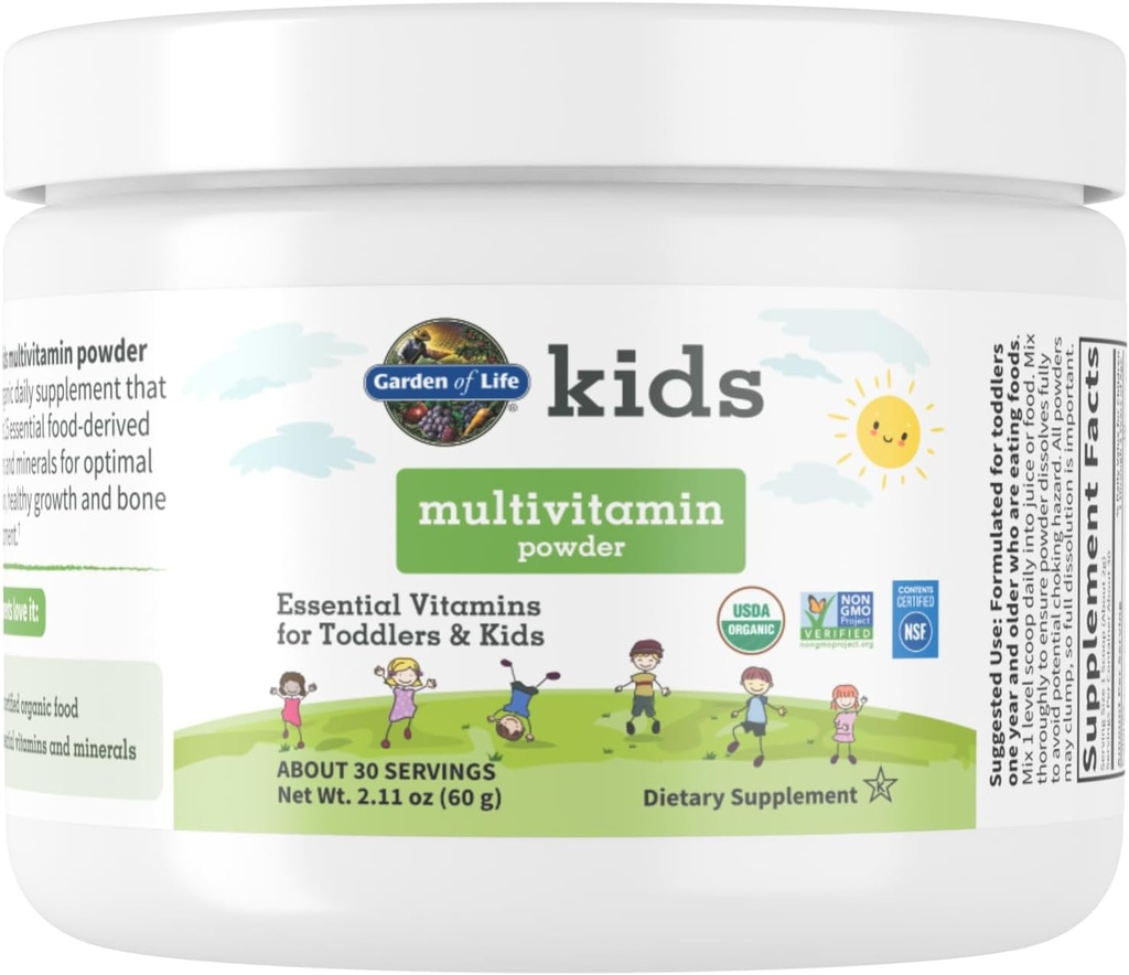 Garden of Life Kids Multivitamin Powder, Daily Vitamins and Minerals for Toddlers & Kids - Βιολογικό Toddler Multi Powder με 15 Βιταμίνη C, D3, Ψευδάργυρος για υγιή ανάπτυξη - Χωρίς γλουτένη - 30 ημέρες προσφοράς