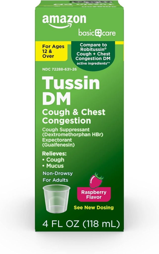 Temel Bakım Tussin DM, Cough Plus Chest Congestion Syrup for Yetişkinler and Ages 12 ve Over, Raspberry Flavor, 4 fl oz (en 1)