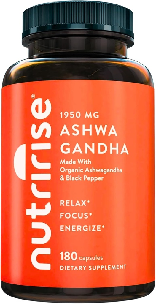 NutriRise Βιολογικές κάψουλες ρίζας Ashwagandha με μαύρο πιπέρι 1950mg, φυσικό στρες & mood, Thyroid & ανοσοποιητικό συμπλήρωμα υποστήριξης, βοήθεια ύπνου, σαφήνεια, εστίαση & ενέργεια, χωρίς γλουτένη, 180 κόμης