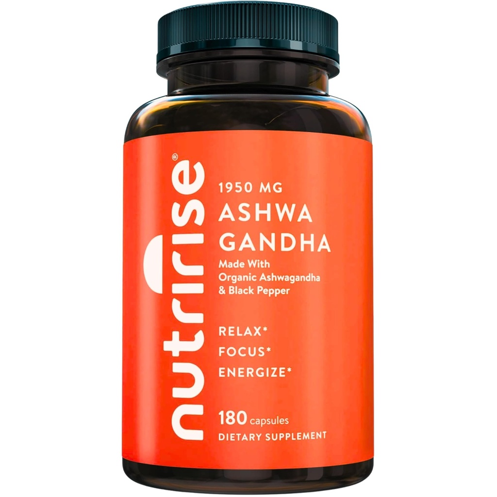 NutriRise Βιολογικές κάψουλες ρίζας Ashwagandha με μαύρο πιπέρι 1950mg, φυσικό στρες & mood, Thyroid & ανοσοποιητικό συμπλήρωμα υποστήριξης, βοήθεια ύπνου, σαφήνεια, εστίαση & ενέργεια, χωρίς γλουτένη, 180 κόμης