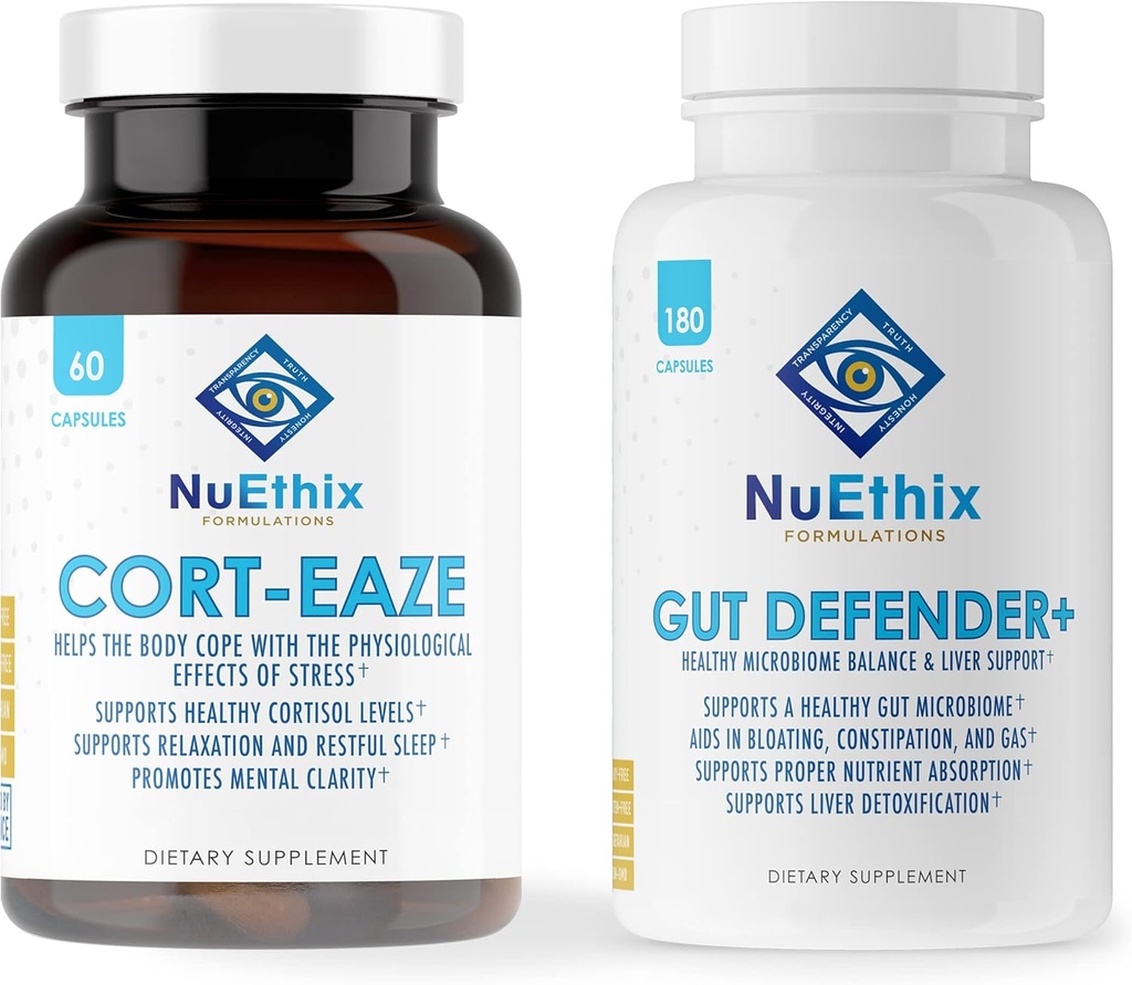 NuEthix Formulations Cortisol ve Microbiome Balance Supplement Sche: Cort-Eaze Cortisol-Control Supplement, 60 Capsules, 30 Servisler ve Gut Defender+, 180 Capsules, 90 Hizmetler