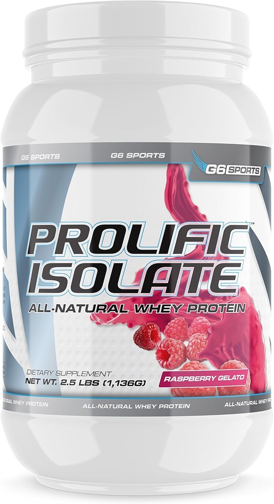 G6 Sports Nutrition Prolific Isolate All Natural Whey Protein Isolate (Gluten Free, Lactose Free, Soy Free, Stevia Sweetized, 25g Protein, 100 Calories) – 2.5lb Jar – Raspberry Gelato
