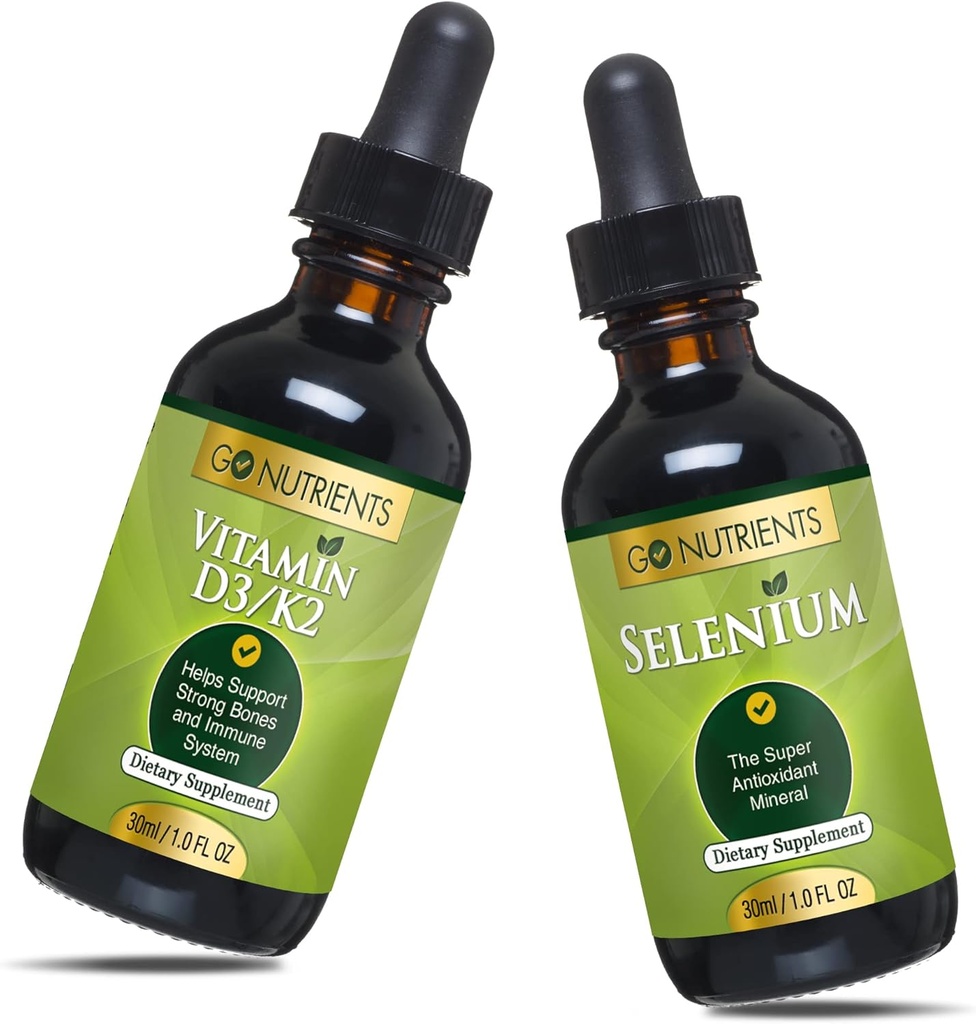 Go Nutrients Sıvı Vitamin D3 ile K2 (MK-7) Drops 1oz & Selenium 200 mcg Supplement 1.0 oz| | Vitamin D3 ve K2 | Mineral Selenium Sıvı ve Purified Water