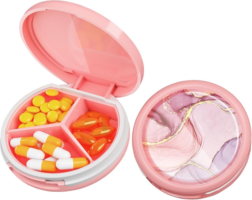 Serfeymi Small Pill Box - Purse Pocket, Compact Mini Travel Pill Case - Tıp için Uygun, Vitamin, Fish Oil, Supplements - Pink(Marble)