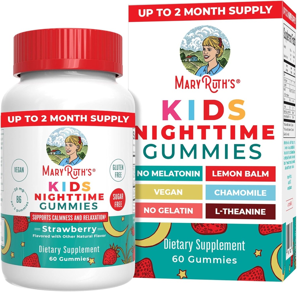 MaryRuth Organics Kids Nighttime Gummies | Sugar Free | NO Melatonin with L Theanine, Lemon Balm, Chamomile, Vitamin B6 | Çocuklar için Rahatlama Desteği 2+ | Vegan | Non-G Count | Gluten Free | 60