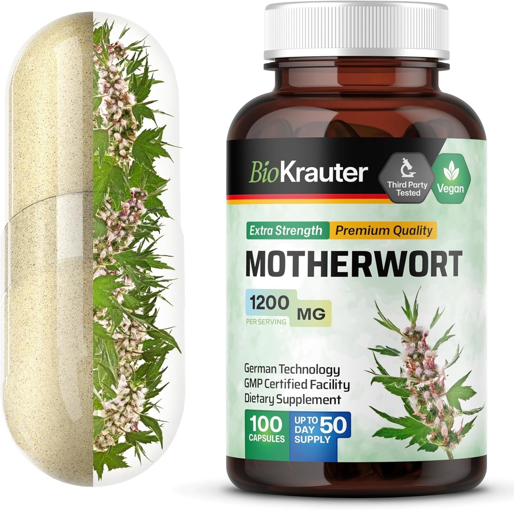 BIO KRAUTER Motherwort Κάψουλες 1200 mg - 100 Count - Motherwort συμπλήρωμα βοτάνων - Προώθηση χαλάρωσης - Κάψουλες υποστήριξης γυναικών