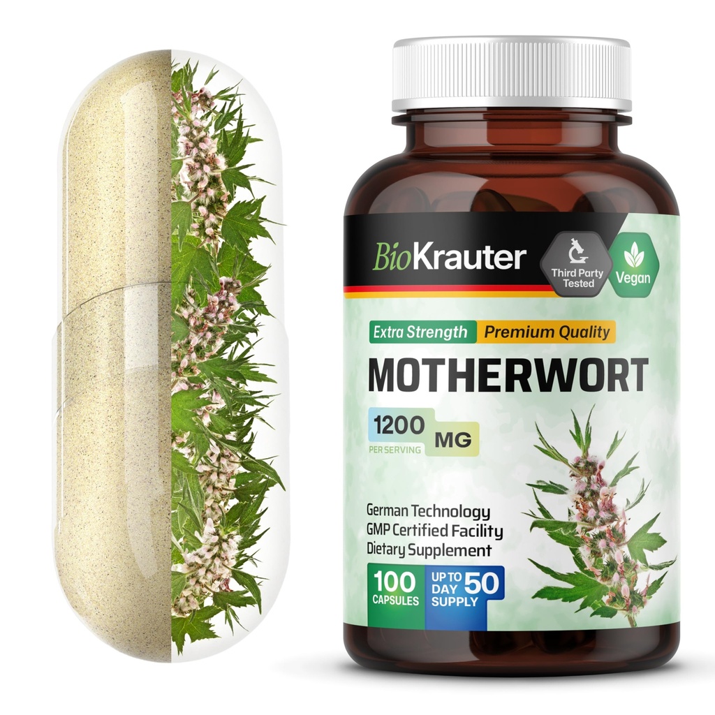 BIO KRAUTER Motherwort Κάψουλες 1200 mg - 100 Count - Motherwort συμπλήρωμα βοτάνων - Προώθηση χαλάρωσης - Κάψουλες υποστήριξης γυναικών