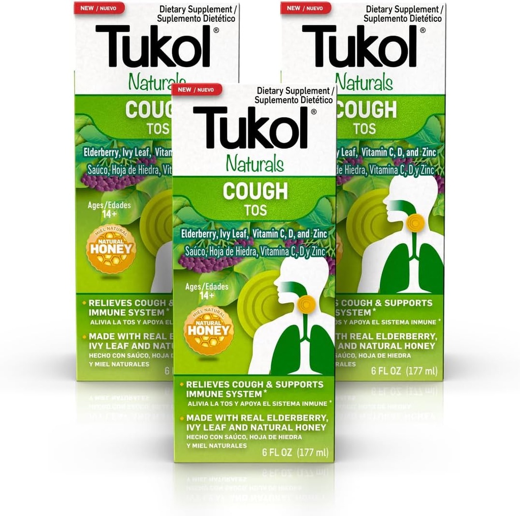 TUKOL Naturals Syrup Elderberry με Βιταμίνη C, D, και ψευδάργυρο, συμπλήρωμα ανοσοποιητικής υποστήριξης με Φυσικό Μέλι για Ενήλικες & Έφηβους, Βότανο Elderberry Boost για Ανοσία & Αντιοξειδωτική Υποστήριξη, 6oz, Συσκευασία των 3