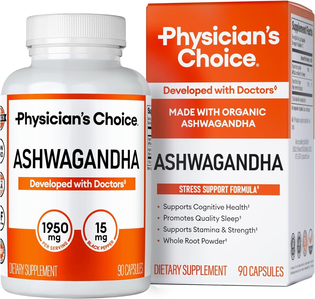 Doktor'un CHOICE Ashwagandha Supplement - 1950 mg of Bio available Organic Ashwagandha Root Toz - Black Pepper Extract, Stres Desteği, Mood Support Supplement, 90 Veggie Ashwagandha Capsules