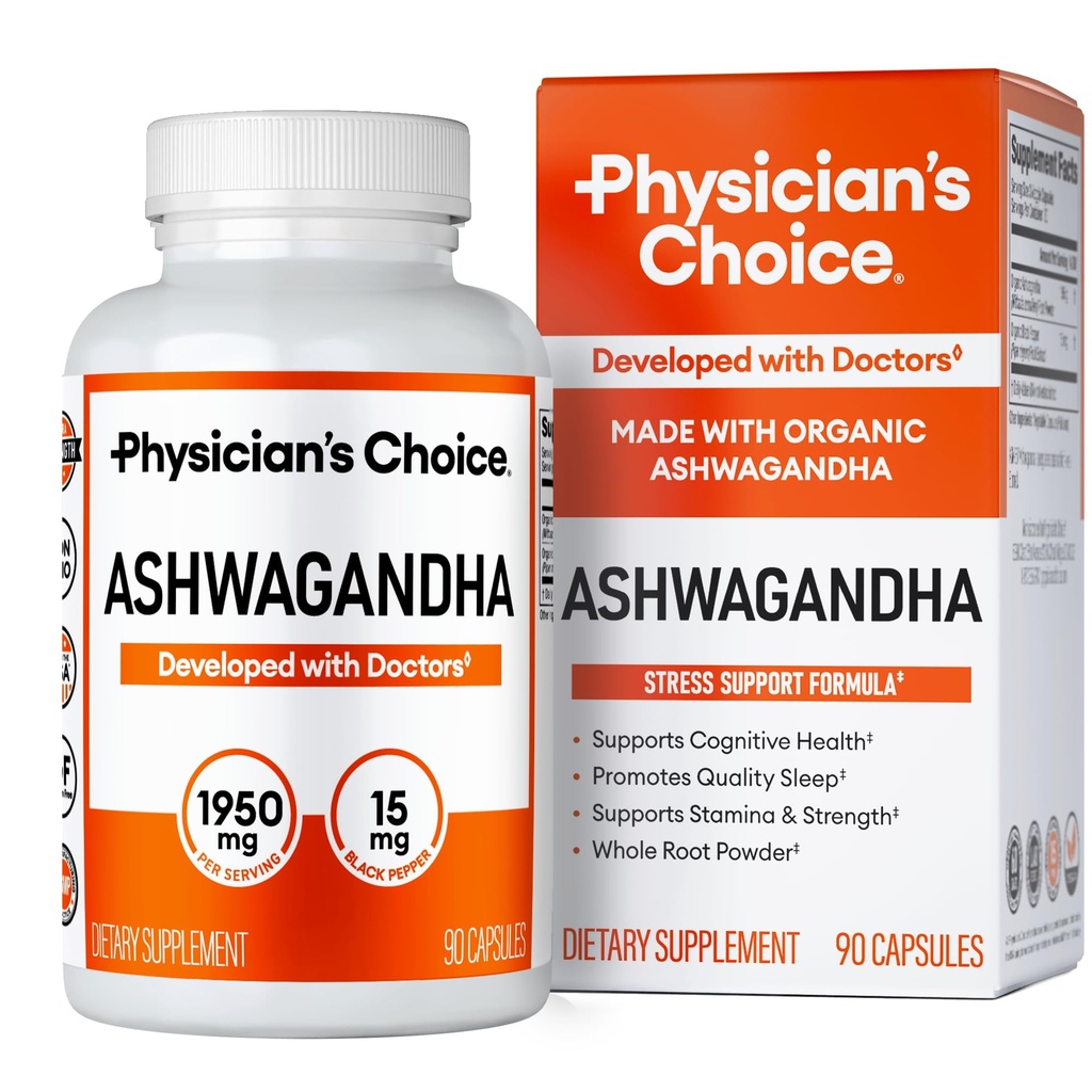 Doktor'un CHOICE Ashwagandha Supplement - 1950 mg of Bio available Organic Ashwagandha Root Toz - Black Pepper Extract, Stres Desteği, Mood Support Supplement, 90 Veggie Ashwagandha Capsules