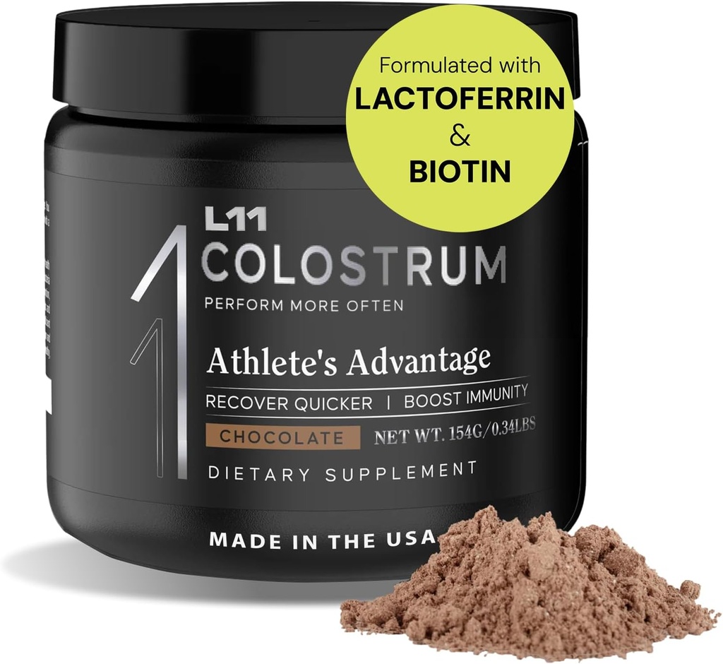 Colostrum Supplement by L11 with Lactoferrin Biotin Zinc & Vitamin D | Bovine Colostrum Powder for Peak Athletic Health, Gut Health, Muscle & Immune Support | 1500mg Colostrum - Chocolate, 30 Servings