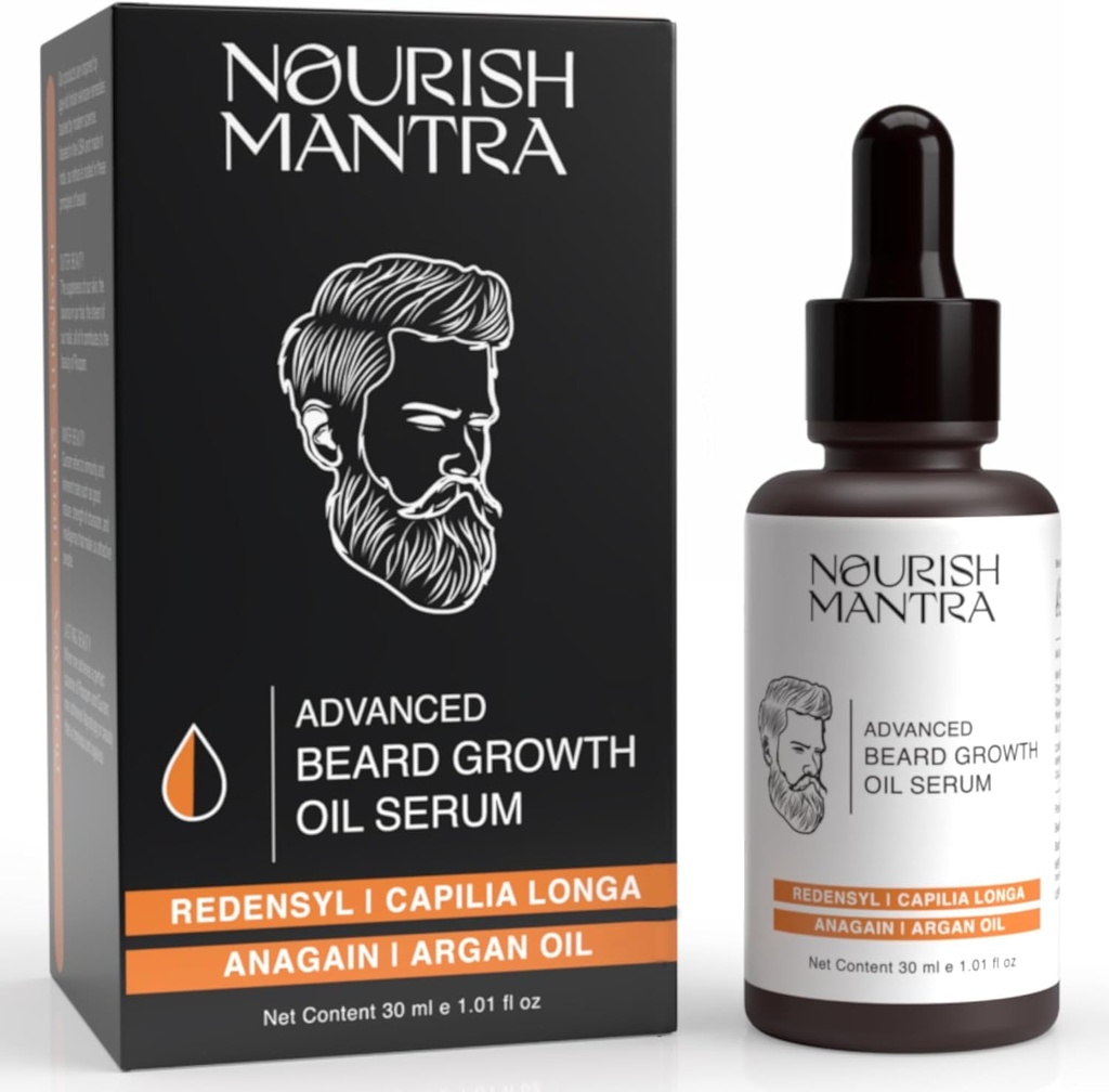 NOURISH MANTRA - Advanced Beard growth Oil Serum | Made with Redensyl, Capilia Longa, Argan Oil, Vitamin E and Jojoba Oil for Fuller, Tier & Healthier Beard growth | Beard Oil Serum For Men | 30 ml