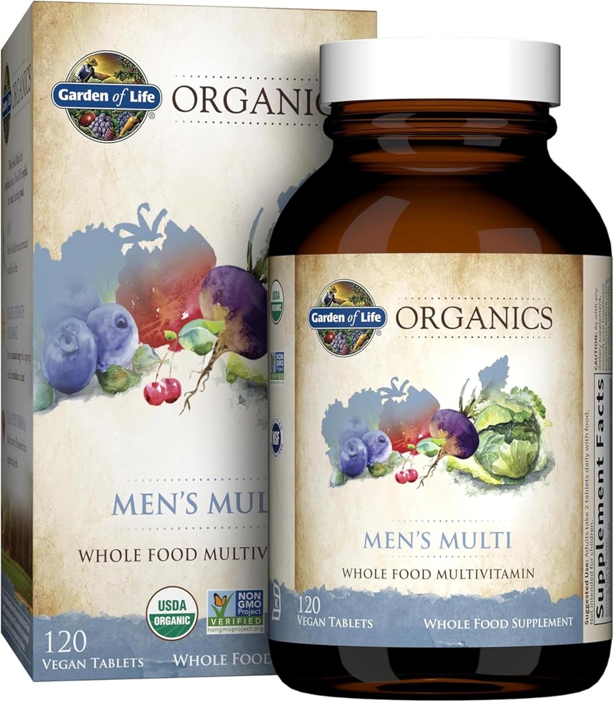 Garden of Life Organics Whole Food Multivitamin for Men, 120 Tablets, Vegan Mens Vitamins and Minerals for Health and Well-Being, Certified Organic Vegan Multi