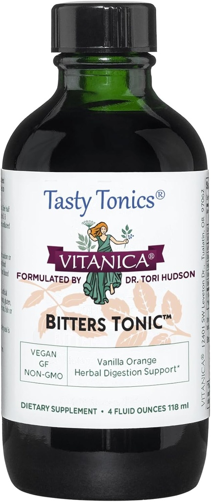 Vitanica Bitters Tonic, Liquid Digestion Supplement, Digestion Support, Alkol Free, Vanilla Orange, Vegan, 4 Ounce (Bitters Tonic)