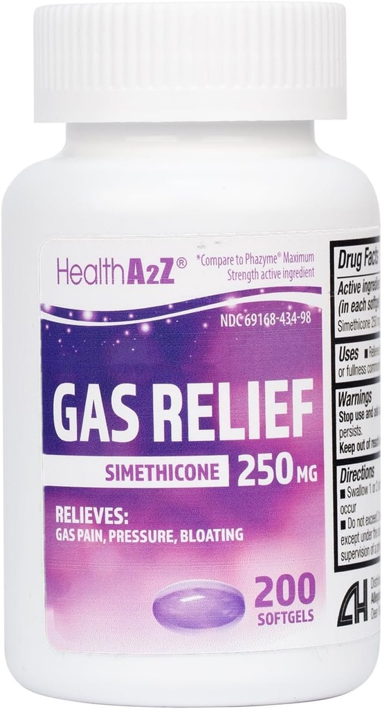HealthA2Z® Gas Relief Simethicone 250mg | Fast Gas Relief | Relieve Symptoms Naturally (200 Softgels (Pack of 1))