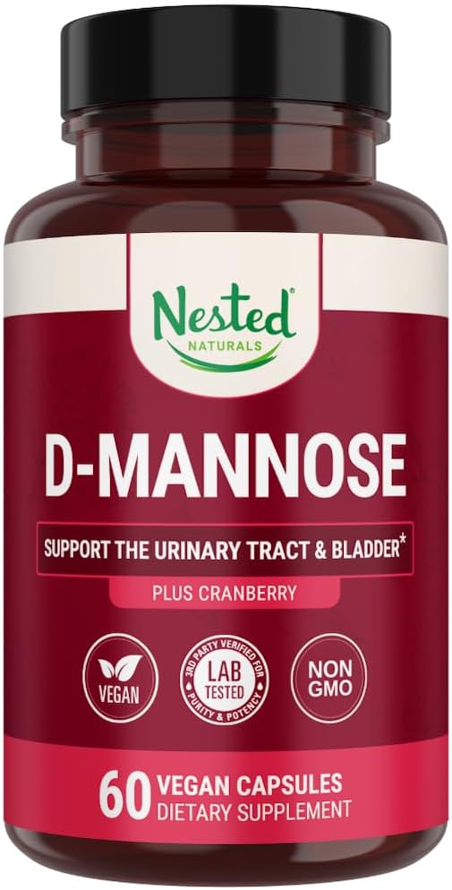 Nested Naturals D-Mannose 500 mg Caspules with Cranberry Pills, Urinary & Bladder Support, 60 Vegan Capsules