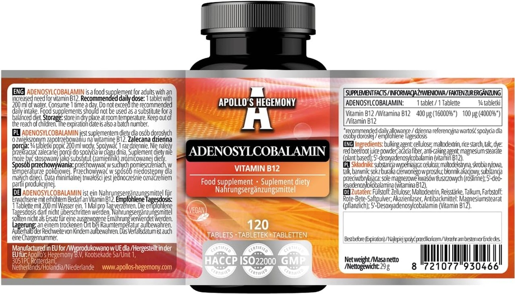 APOLLO'S HEGEMONY Adenosylcobalamin 120 Tablet - Optimal Bio, gelişmiş Enerji Metabolism için B12 Vitamini - 480 Hizmet - Diyet Tamamlayıcısı