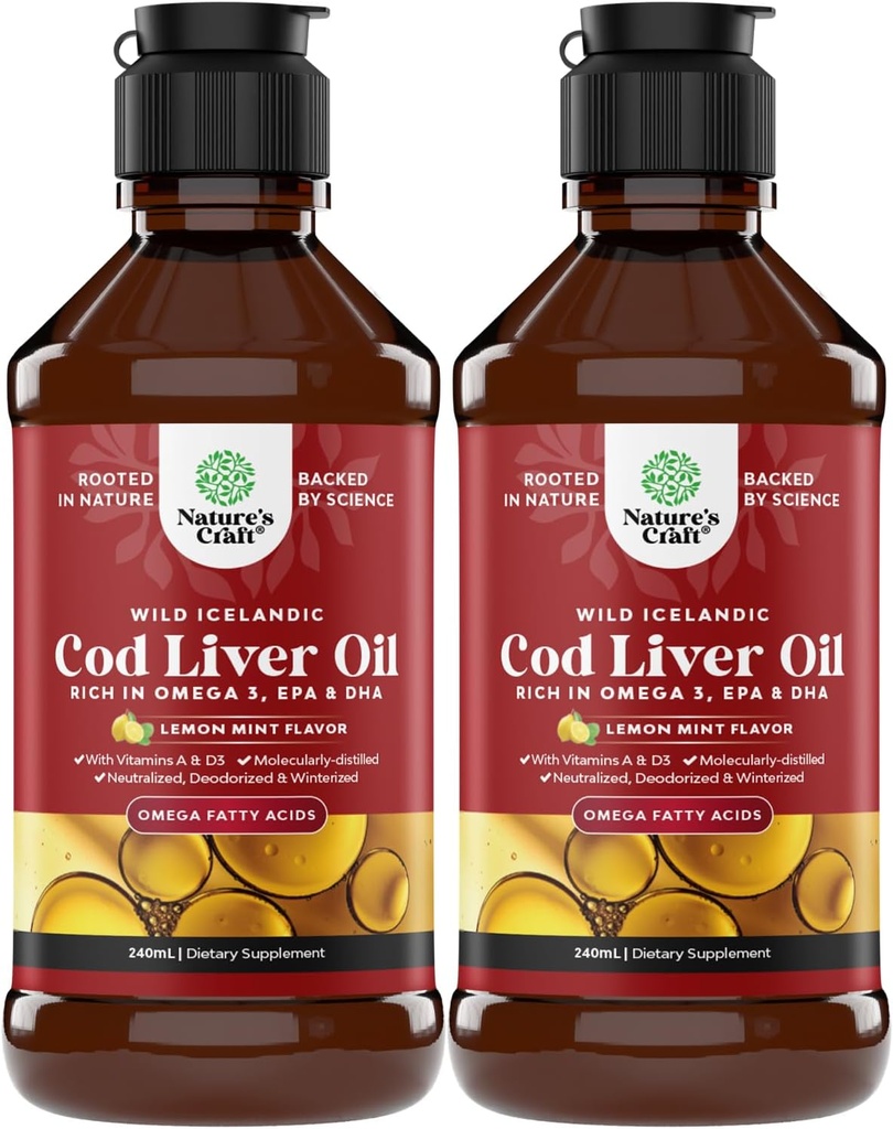 İzlandalı Vahşi Caught Cod Liver Oil Liquid - Fish Oil Drops with Omega 3, EPA, DHA, Vitamin D & A - Sıvı Cod Liver Supplement for Heart, Joint, Brain & Immune Support - 240 ml (8 Ounce) 2 Pack