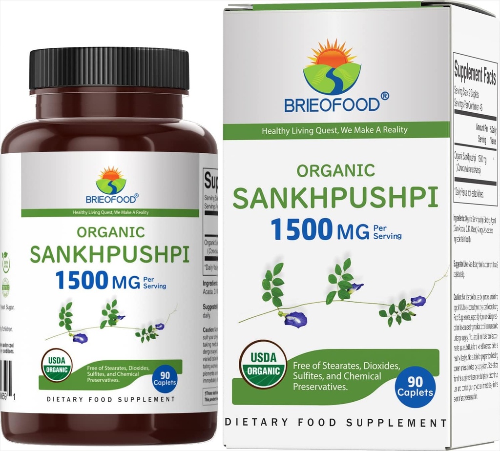 Brieofood Organic Sankhpushpi 1500 mg, 45 Hizmet, Vejetary, Gluten Free, 90 Vegetarian Tablets