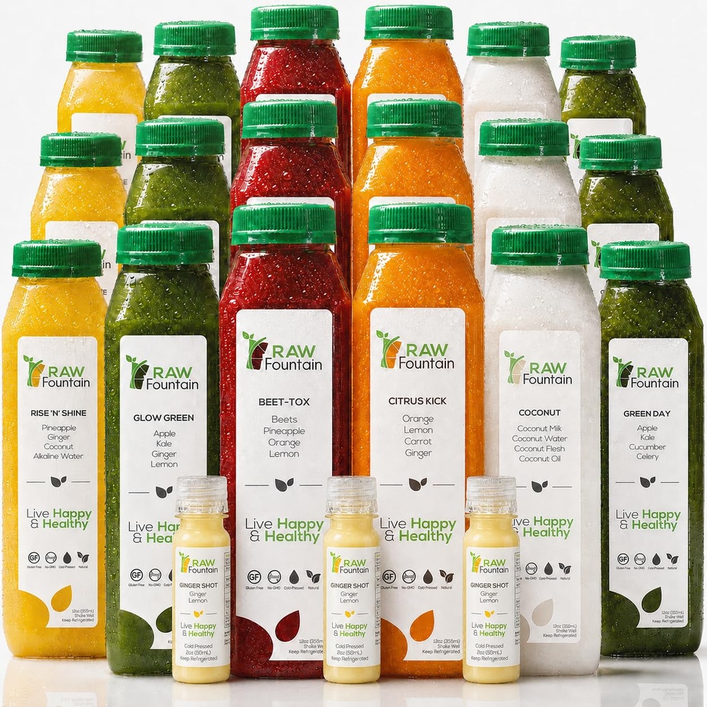 3 Day Juice, Raw Fountain, All Natural Raw Detox Cleanse, Body Rest için Juicing, Cold Pressed Juice Fast, Great Way to Jumpstart a Healthier Diyet, 18 Şişes 12oz, 3 Ginger Shots