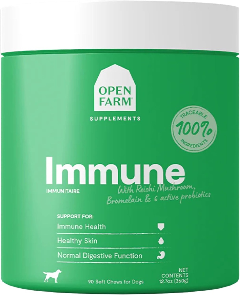 Open Farm Immune Chews, Dog Supplement with Plant-Based Materialss and Probiyotiks for Immune and Skin Support, 12.7 oz, 90 Kont