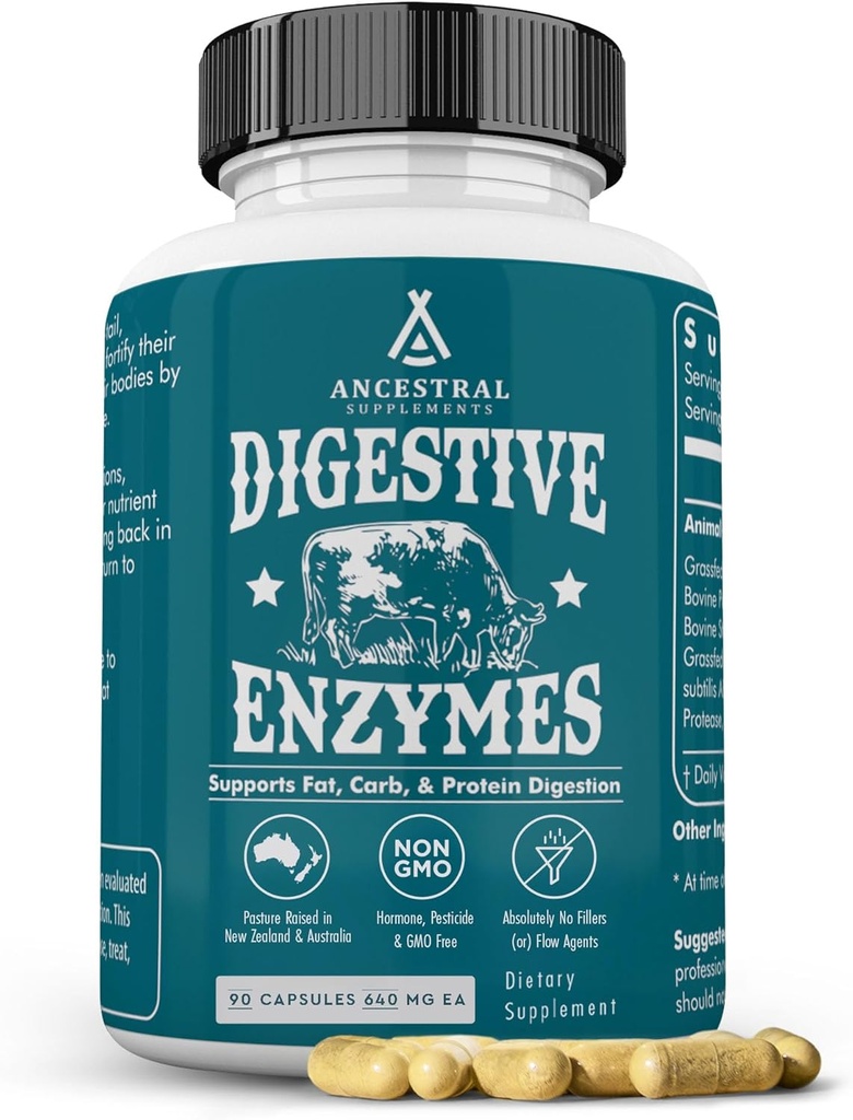 Ancestral Supplements Digestive Enzymes for Women & Men, 90 Capsules, Probiyotikler ve Grass Fed Beef Organları, Destekler Gut Health, Digestive Health & Nutrient Abxia, Allergen Free, Non GMO