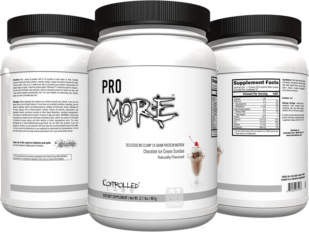 CONTROLLED LABS PROmore Protein Powder (27 Servings) - 24g Protein Per Scoop - 94% Sugar-Free, Premium Smooth-Drink Formula (Chocolate Ice Cream Sundae) (27 Servings, Chocolate Ice Cream Sundae)