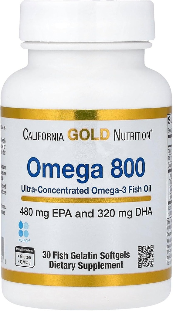 California Gold Nutrition Omega 800 Ultra-Concent Omega-3 Fish Oil, kd-pur® Triglyceride Form, 30 Fish Gelatin Softgels (Softgel için 1000 mg)
